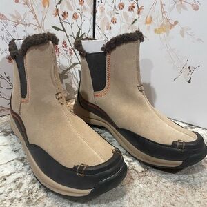 New Women’s Size 7.5 B Lands’ End Suede Pull On Winter Ankle Boots Tan Brown